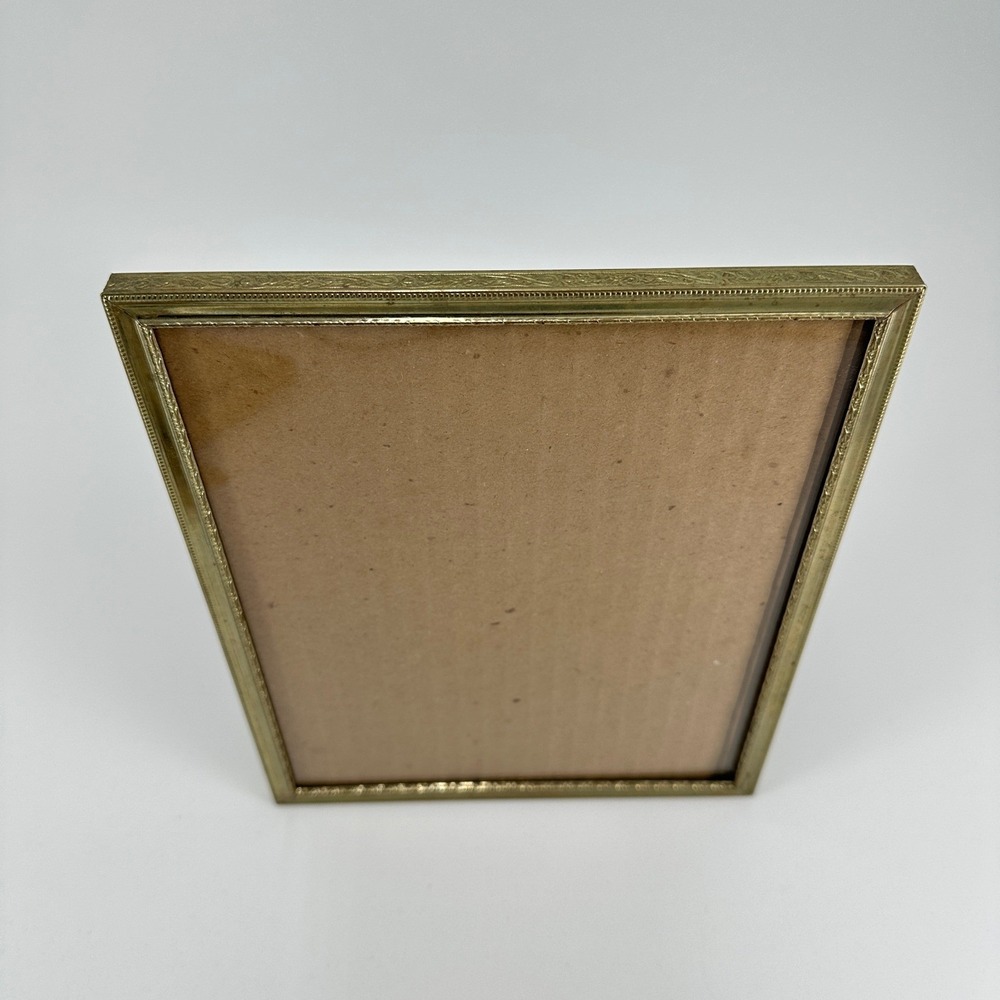 Vintage Gold Tone Embossed Floral Metal Photo Frame Glass Front Easel MCM 8x10
